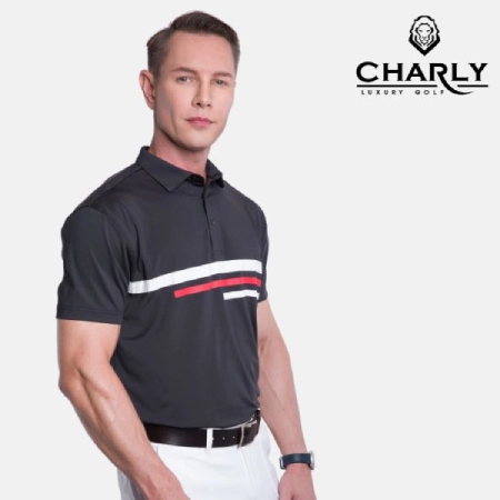 Áo cộc tay nam Charly S23 đen phối sọc ngang ngực